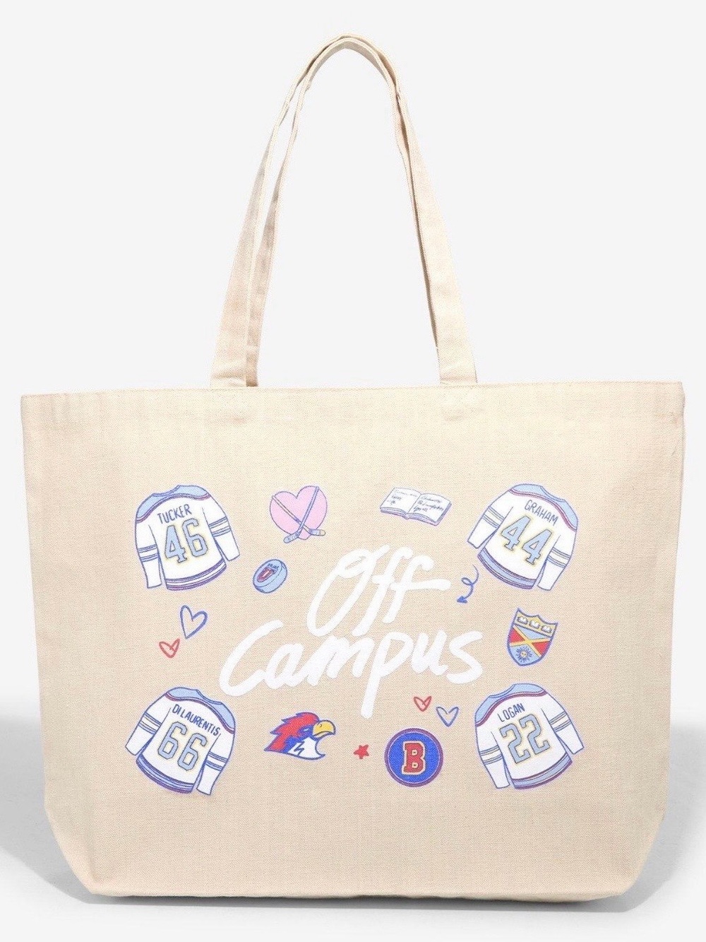 Hot Topic Beige Canvas Tote with Varsity Graphics